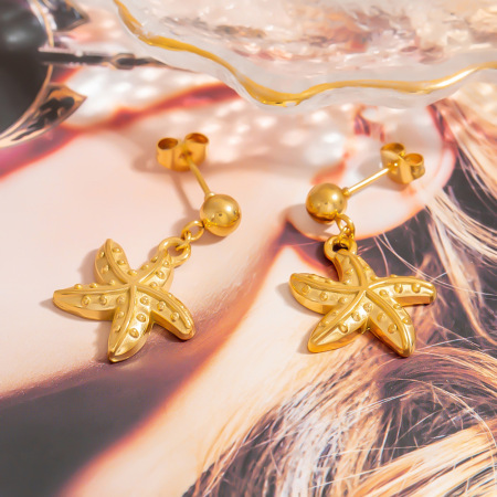 Boucles d'oreilles pendantes en acier inoxydable doré, couleur étoile de mer 2