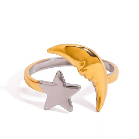 Bague ajustable pour femme, en acier inoxydable bicolore or et argent, étanche, motif étoile et lune. 2