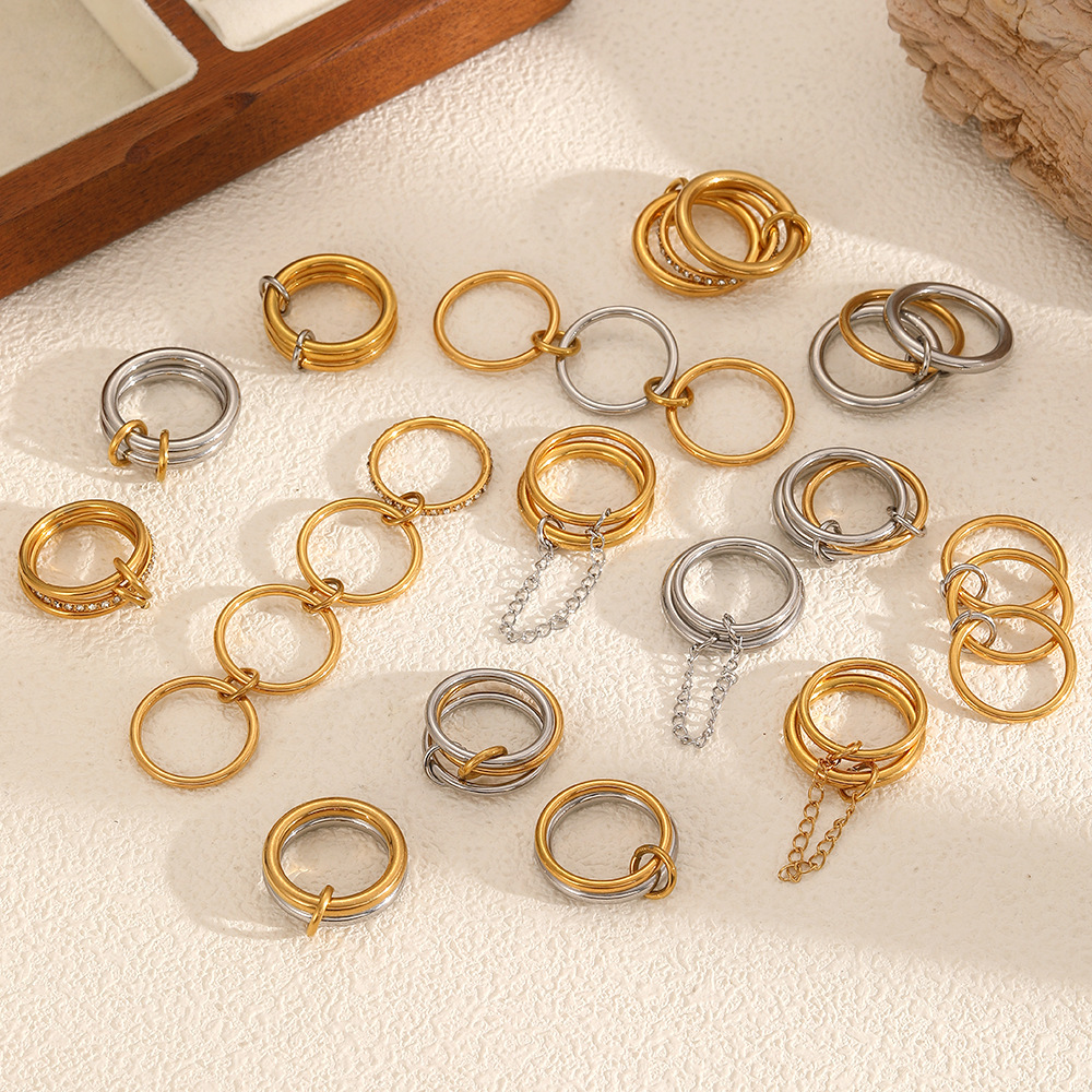Bague Minimaliste Moderne Multicouche En Acier Inoxydable Étanche Couleur Or Pour Femme (1 Pièce) h5Image2