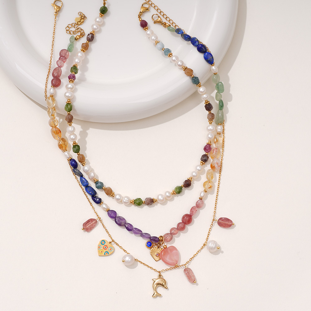 Collier Pendentif Femme Élégant En Forme De Cœur, En Acier Inoxydable Doré, Étanche, Avec Pierre Naturelle Transparente (1 Pièce) Image5