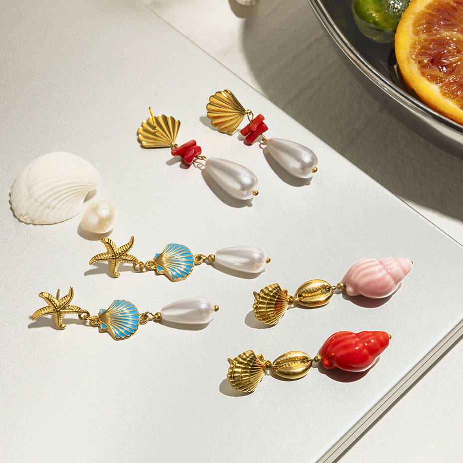 Boucles D'Oreilles Pendantes En Acier Inoxydable Couleur Or Ins Style Oceanic Image6
