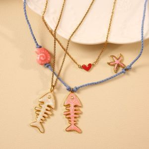 Colliers Pendentifs Pour Femmes En Corde De Coton À Motif Arête De Poisson, Acier Inoxydable, Couleur Or, Étanches h5 Image3