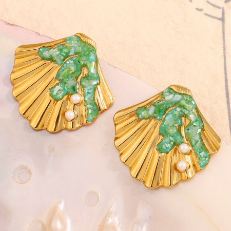 Boucles d'oreilles pour femmes Ocean Collection en acier inoxydable doré et coquillage, étanches