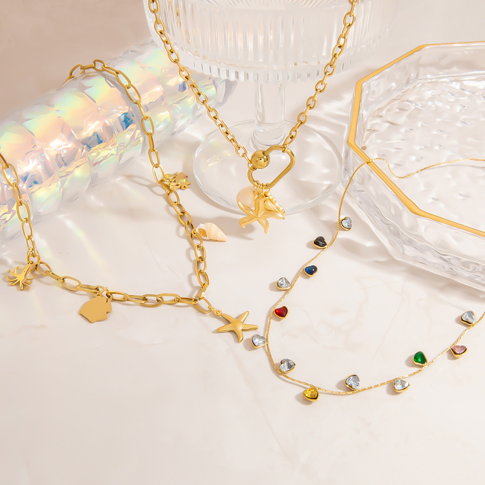 Collier En Acier Inoxydable Doré Incrusté De Pierres Précieuses, Léger Et Luxueux, Pour Femme Image2