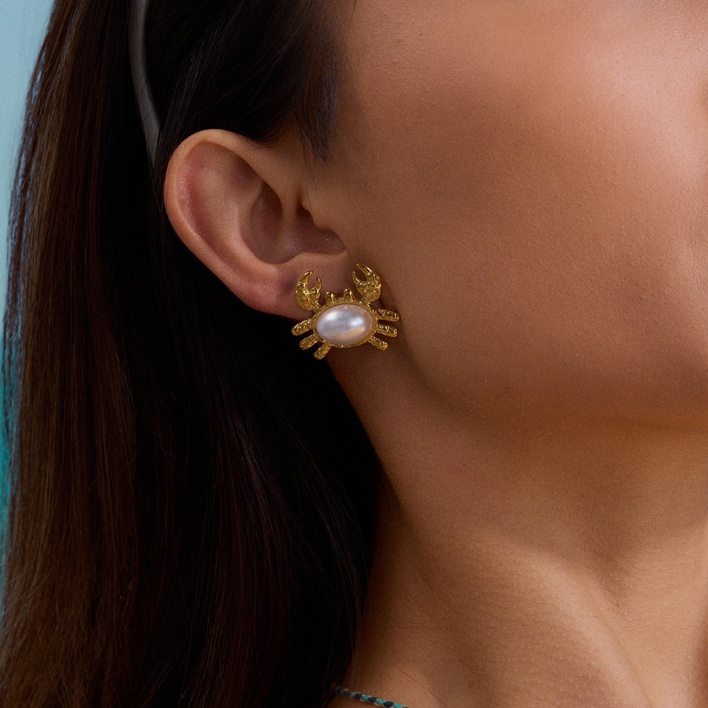 Boucles D'Oreilles Puces En Acier Inoxydable Imperméable Couleur Or, Motif Crabe Mignon Image4