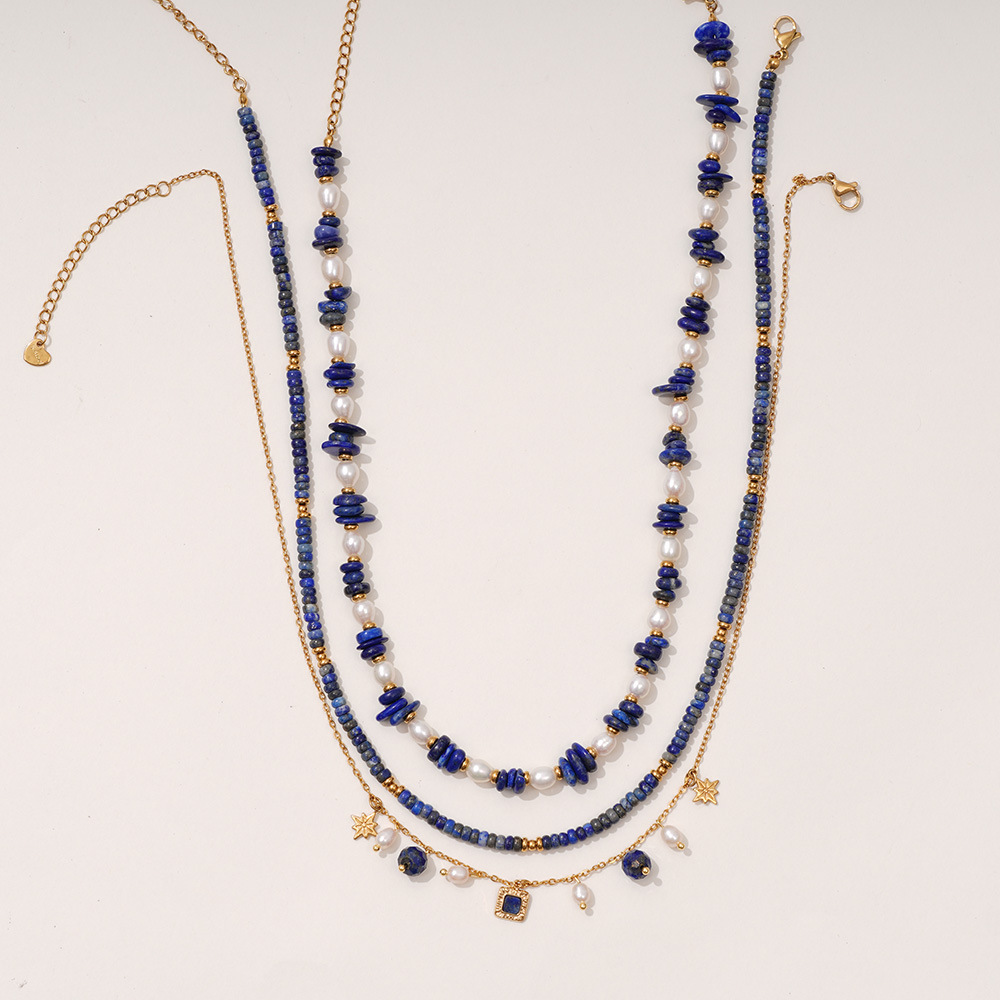 Collier De Perles Pour Femme, Collection Bohème Sophistiquée, En Acier Inoxydable, Couleur Or, Imperméable, Orné De Pierres Naturelles Bleues. Image5