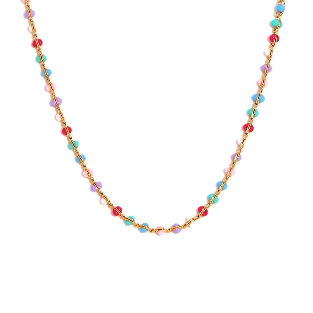 Collier Pour Femme En Acier Inoxydable Imperméable Et Perles Multicolores Au Style Tendance