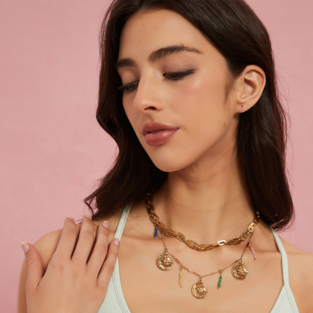 Colliers pendentifs luxueux pour femmes, en acier inoxydable étanche, couleur or, motif soleil et lune