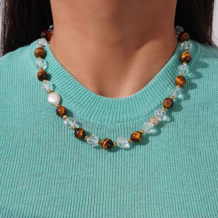 Colliers de perles rétro en acier inoxydable et pierre naturelle, couleur or, pour femmes