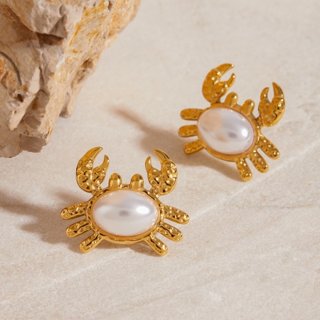 Boucles d'oreilles puces en acier inoxydable imperméable couleur or, motif crabe mignon
