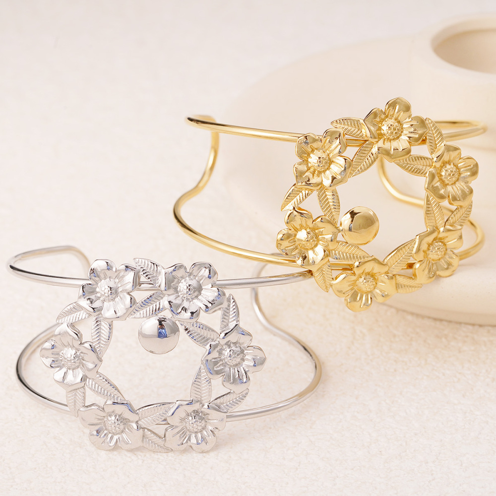 Bracelet Jonc Pour Femme, Collection Sophisticated Series, Motif Floral Naturel, Léger, En Acier Inoxydable, Étanche, Couleur Or (1 Pièce) Image6