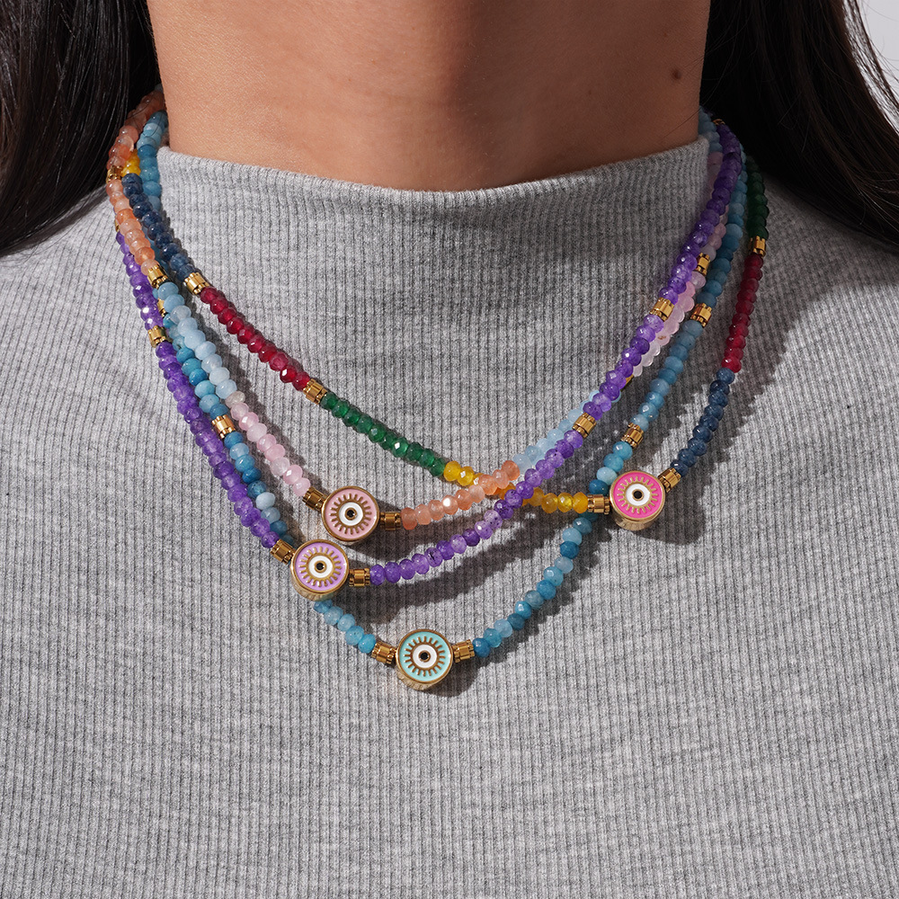 Collier Pour Femme En Acier Inoxydable Doré, Orné De Perles De Cristal Et D'Un Motif Œil Classique, Collection Ethnique (1 Pièce) Image3