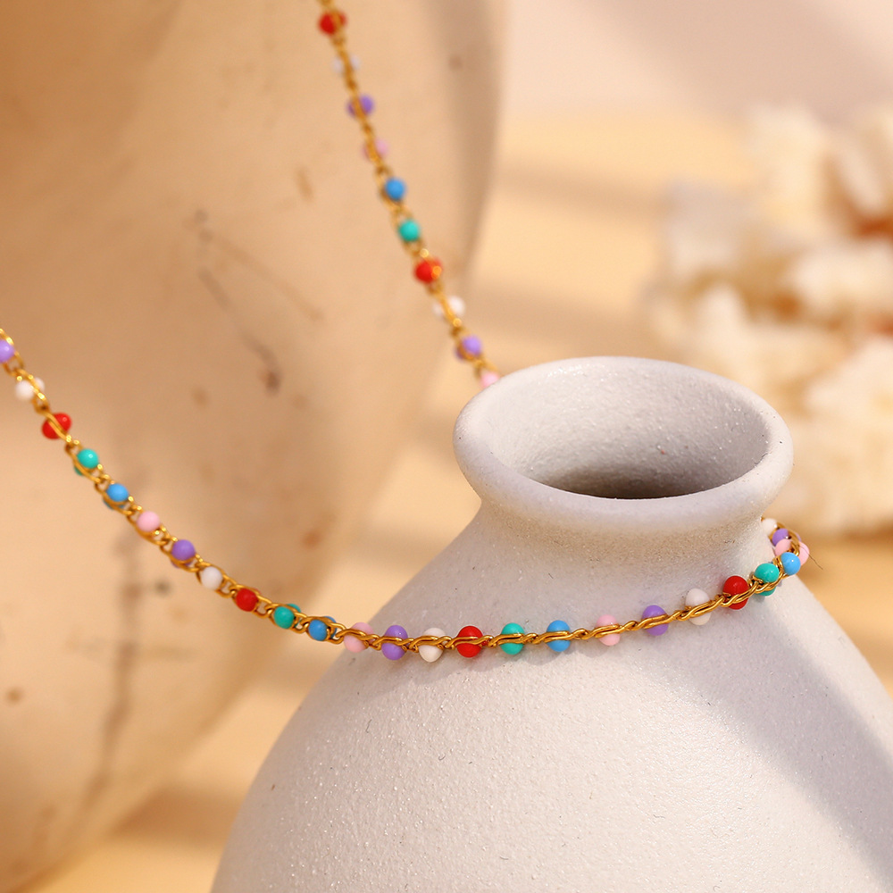 Collier Pour Femme En Acier Inoxydable Imperméable Et Perles Multicolores Au Style Tendance h5Image4