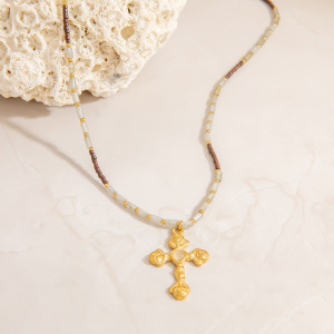 Collier De Perles Pour Femme, Série Rétro, En Acier Inoxydable, Couleur Or, Avec Croix Et Pierre Naturelle, Orné D'Un Pendentif Croix Complexe (1 Pièce) h5 Image7