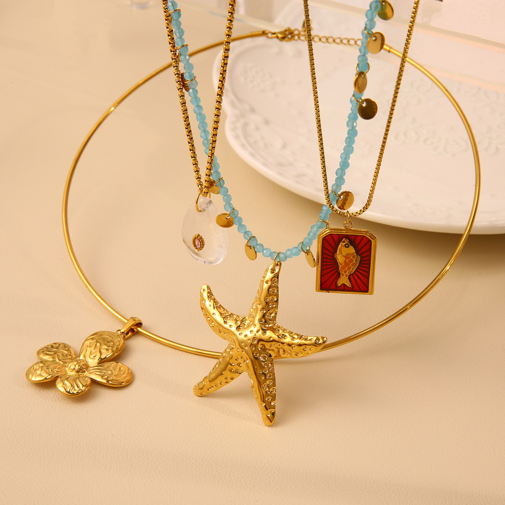 Colliers Pendentifs Pour Femmes En Acier Inoxydable, Couleur Or, Motif Étoile De Mer Océanique Image3