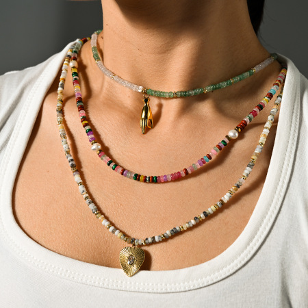 Colliers de perles bohèmes en acier inoxydable, couleur or, avec cœur en pierre naturelle