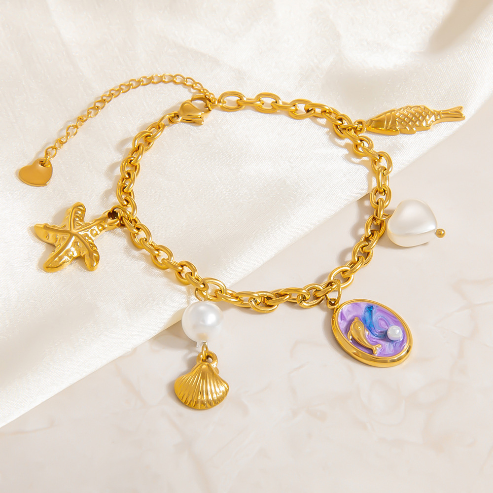 Bracelets À Breloques Pour Femmes, Motif Tortue De Vacances, En Acier Inoxydable, Couleur Or, Avec Perles Artificielles. Image5