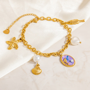 Bracelets À Breloques Pour Femmes, Motif Tortue De Vacances, En Acier Inoxydable, Couleur Or, Avec Perles Artificielles. h5 Image5