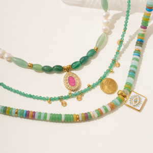 Collier De Perles Élégant Pour Femme, Collection Sophistiquée, En Acier Inoxydable, Couleur Or, Imperméable, Avec Cristal Vert (1 Pièce). h5 Image6