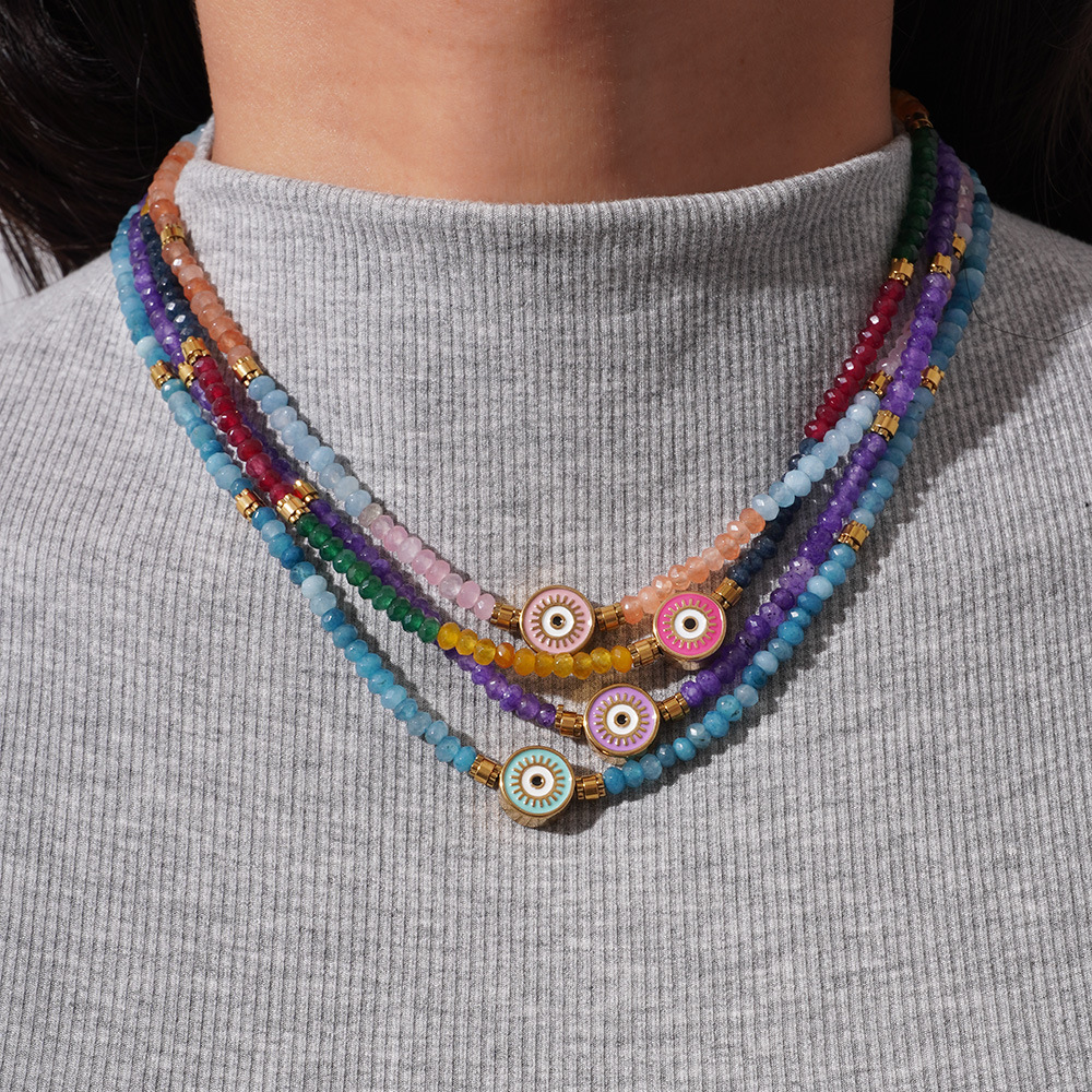 Collier Pour Femme En Acier Inoxydable Doré, Orné De Perles De Cristal Et D'Un Motif Œil Classique, Collection Ethnique (1 Pièce) Image4
