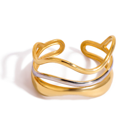 Bague ajustable pour femme, en acier inoxydable doré, étanche, multicouche, à effet ondulé.