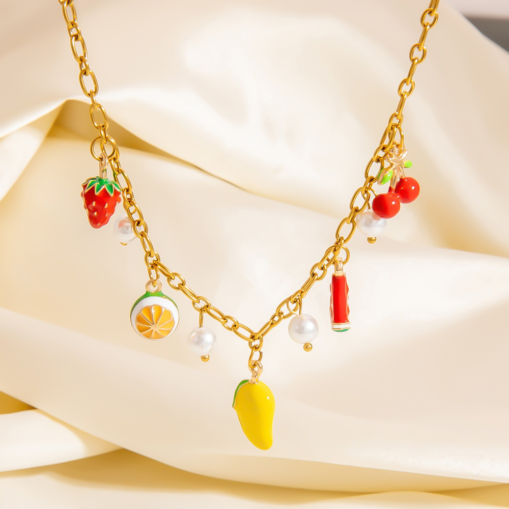 Colliers Pour Femmes En Acier Inoxydable Doré Étanche, Collection Cute Fruit Series Image4