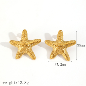 Boucles D'Oreilles Puces Pour Femmes En Acier Inoxydable Plaqué Or, Motif Étoile De Mer Martelée, Imperméables. h5 