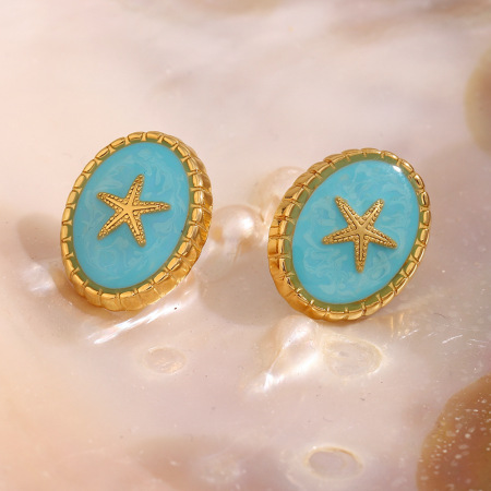 Boucles d'oreilles femme vintage légères et luxueuses en acier inoxydable imperméable, motif étoile de mer et contraste de couleurs. 2