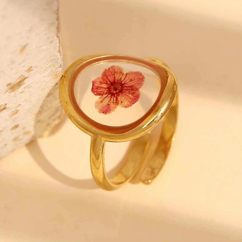 Bague Femme Vintage Personnalisée À Motif Floral En Acier Inoxydable Doré, Étanche (1 Pièce) Image4