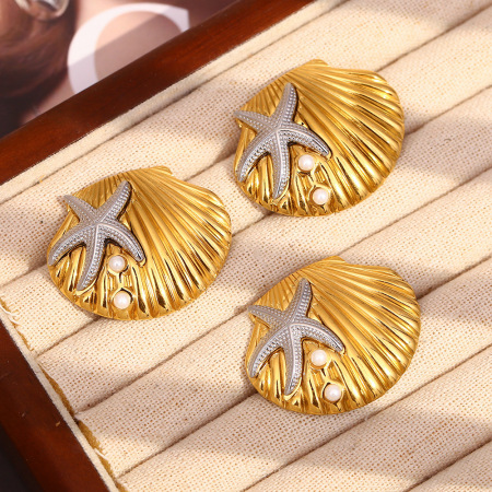 Boucles d'oreilles clous étanches en acier inoxydable et coquillage doré, collection Océan (1 pièce)