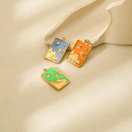 Pendentif rétro en acier inoxydable doré, étanche, motif soleil et cocotier, à monter soi-même (1 pièce). 2