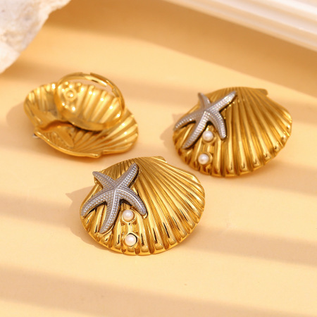 Boucles d'oreilles clous étanches en acier inoxydable et coquillage doré, collection Océan (1 pièce) 2