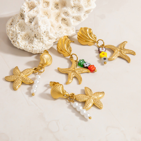 Boucles d'oreilles pendantes en acier inoxydable doré, couleur étoile de mer 2