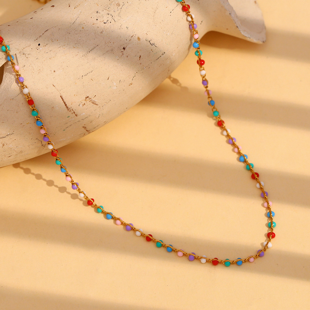 Collier Pour Femme En Acier Inoxydable Imperméable Et Perles Multicolores Au Style Tendance h5Image3