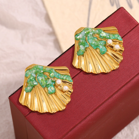 Boucles d'oreilles pour femmes Ocean Collection en acier inoxydable doré et coquillage, étanches 2