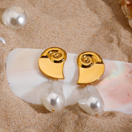 Boucles d'oreilles pendantes pour femme, style tortue rétro, en acier inoxydable, couleur or, imperméables, avec perles (1 paire). 2