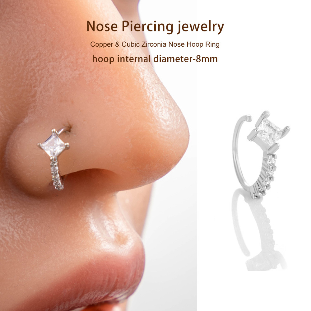 1 Pièce De Piercing De Nez Carré En Cuivre Doré Et Zircon Pour Femme h5Image6