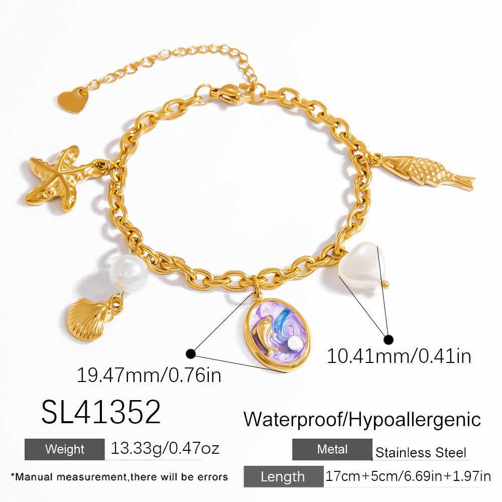 Bracelets À Breloques Pour Femmes, Motif Tortue De Vacances, En Acier Inoxydable, Couleur Or, Avec Perles Artificielles. 
