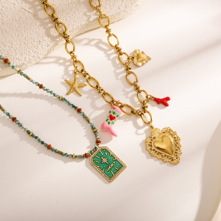 Colliers pendentifs pour femmes en acier inoxydable, pierre naturelle en forme de cœur, couleur or, étanches 2