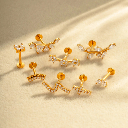 Boucles d'oreilles piercing en acier inoxydable étanche couleur or avec zircon (1 pièce)