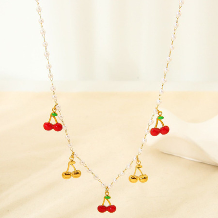 1 paire de colliers pendentifs pour femmes, collection romantique « Sweet Plant », en acier inoxydable étanche couleur or avec perles artificielles
