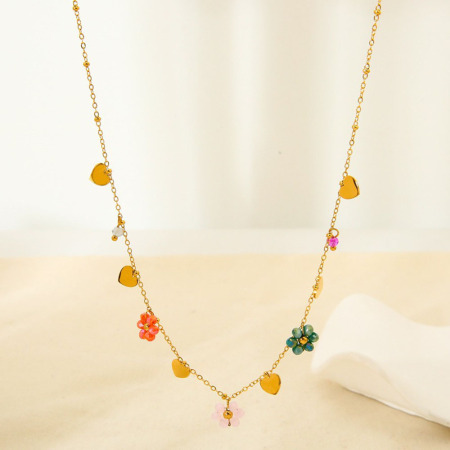 1 paire de colliers pendentifs pour femmes, collection romantique « Douce fleur », en acier inoxydable étanche couleur or et verre.