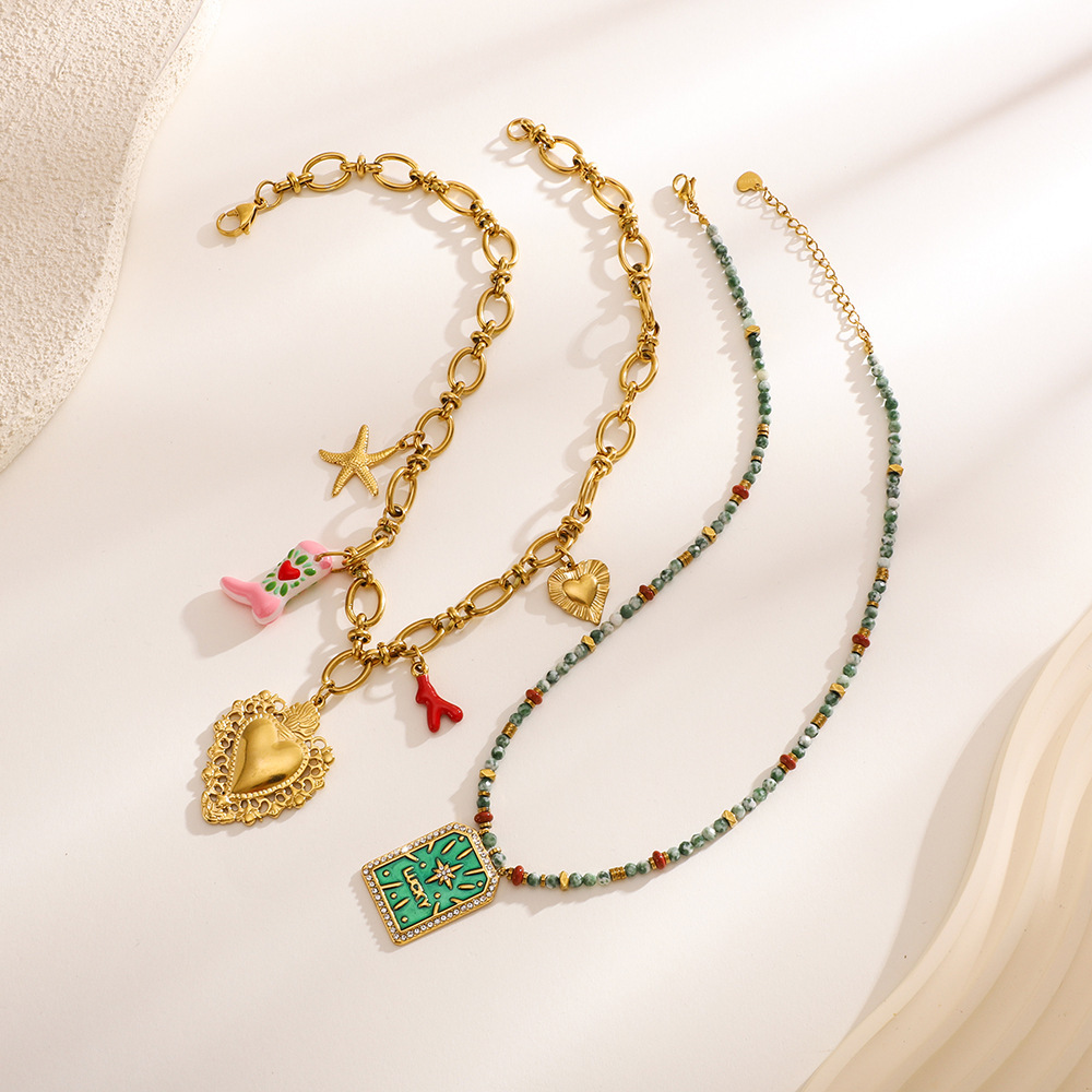 Colliers Pendentifs Pour Femmes En Acier Inoxydable, Pierre Naturelle En Forme De Cœur, Couleur Or, Étanches h5Image4