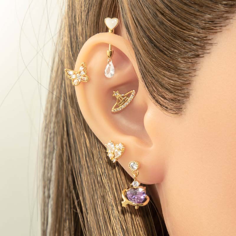 1 Pièce De Boucles D'Oreilles Piercing Pour Femme En Forme De Cœur Simple, Couleur Cuivre Et Or, Zircone h5Image4