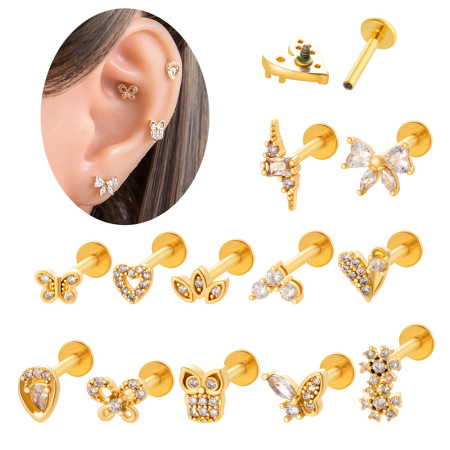 1 pièce de boucles d'oreilles piercing pour femme en forme de cœur simple, couleur cuivre et or, zircone 2