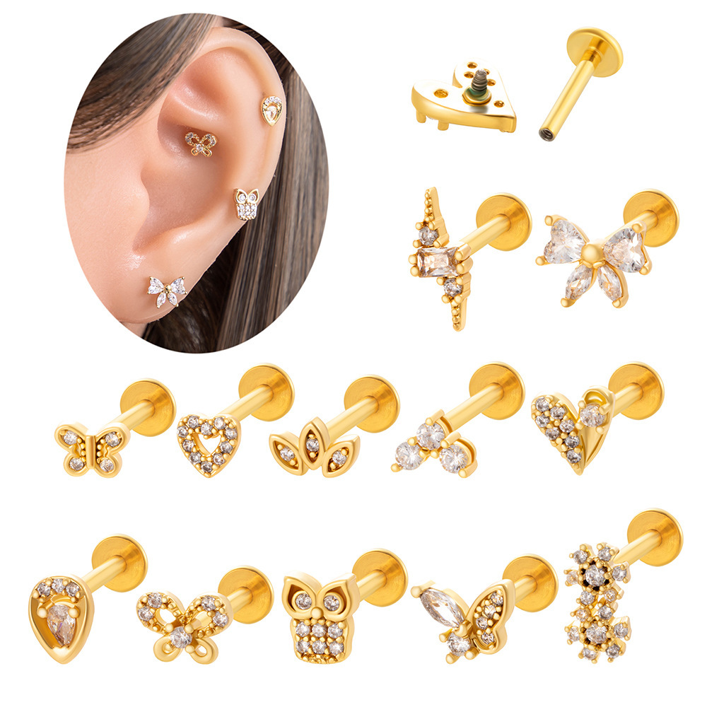 1 Pièce De Boucles D'Oreilles Piercing Pour Femme En Forme De Cœur Simple, Couleur Cuivre Et Or, Zircone h5Image3