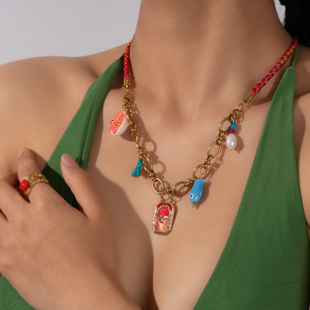Colliers pendentifs pour femmes en acier inoxydable imperméable, ornés d'un coquillage à glaçure huilée colorée