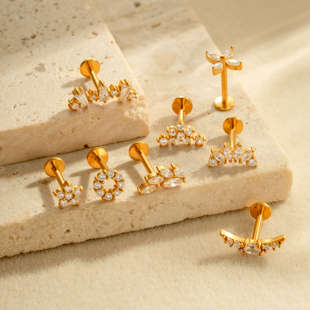 Boucles d'oreilles piercing en acier inoxydable étanche couleur or avec zircon (1 pièce)