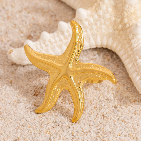 Bague femme étanche en acier inoxydable doré, motif étoile de mer et fleur, collection Océan 2