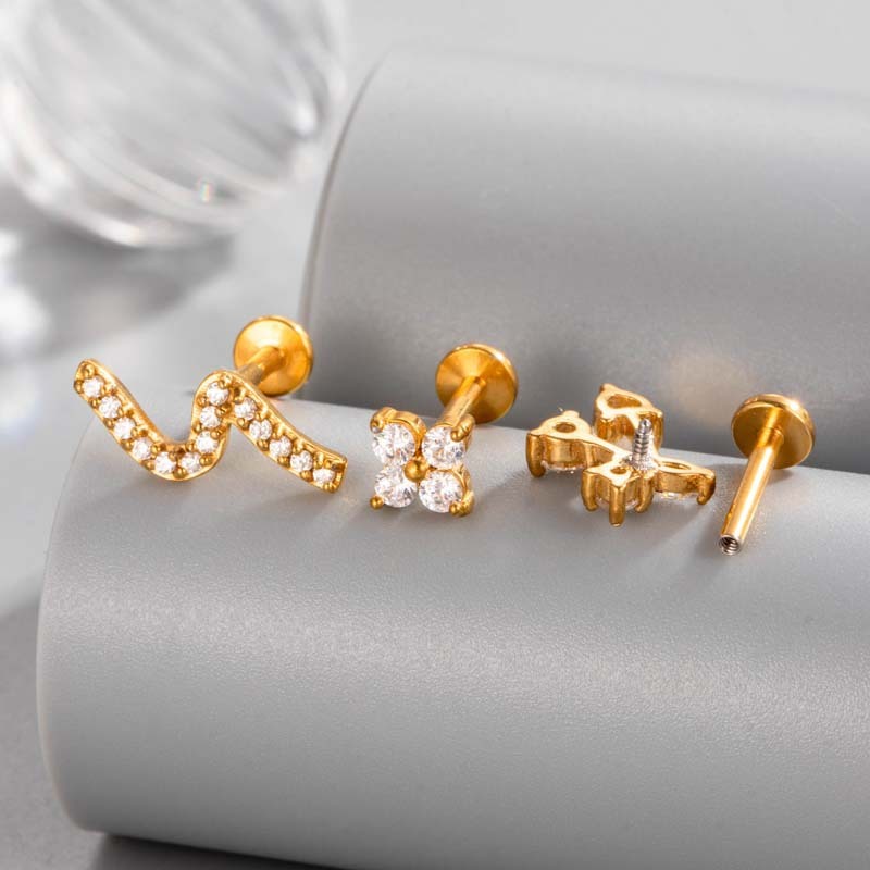 Boucles D'Oreilles Piercing En Acier Inoxydable Étanche Couleur Or Avec Zircon (1 Pièce) Image3